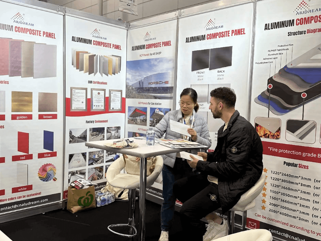 Aludream exhibition booth with ACP samples and visiting B2B buyers