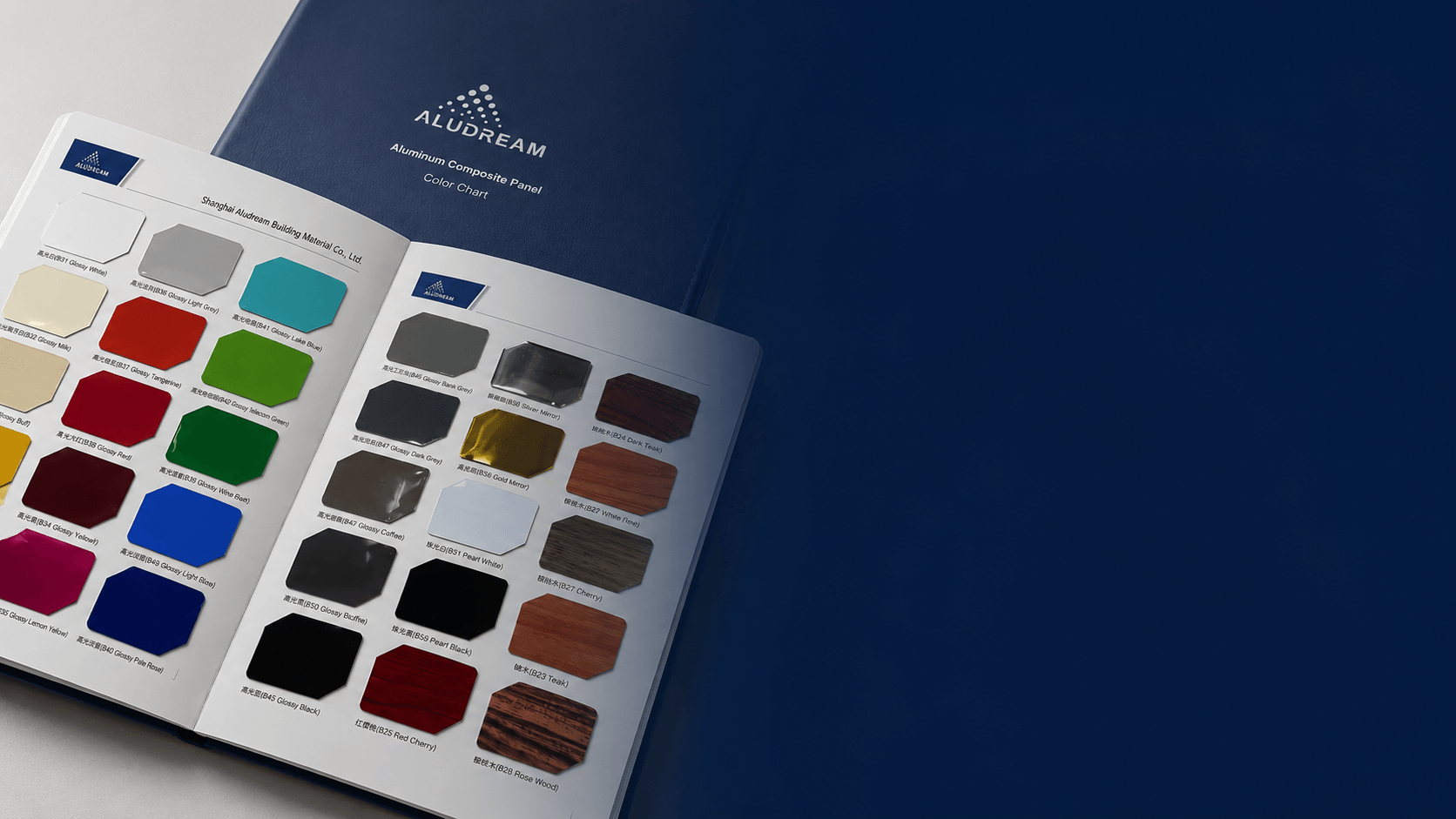 Aluminum composite panel color and finish samples arranged for buyer review