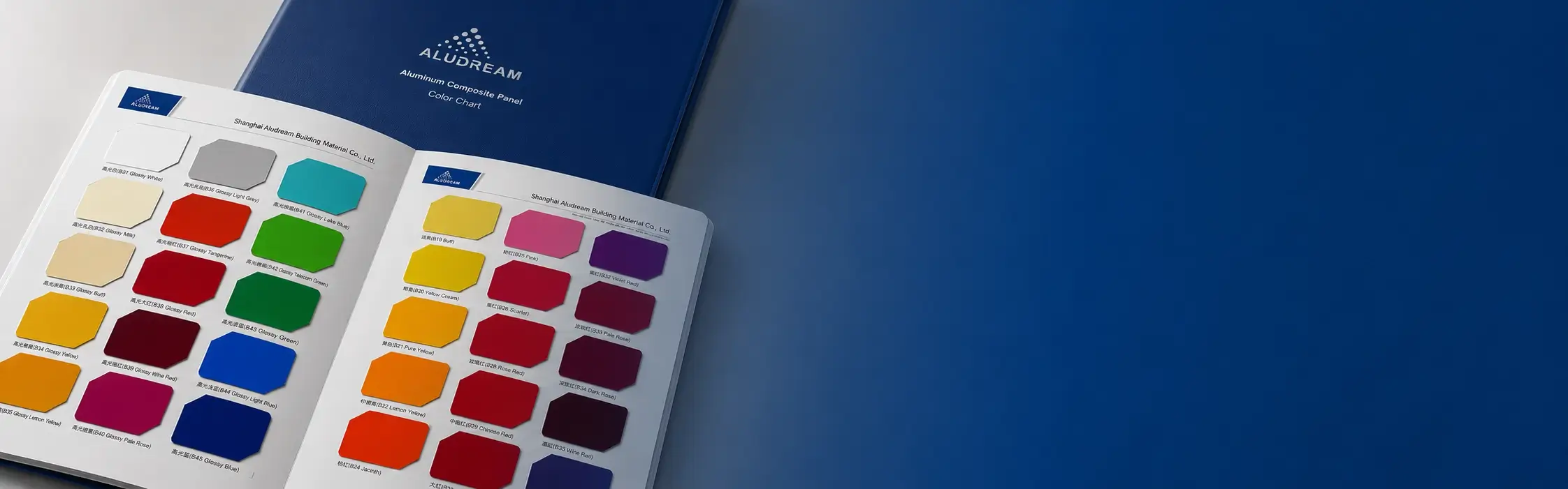 Aluminum composite panel solid color chart and finish samples arranged for buyer review